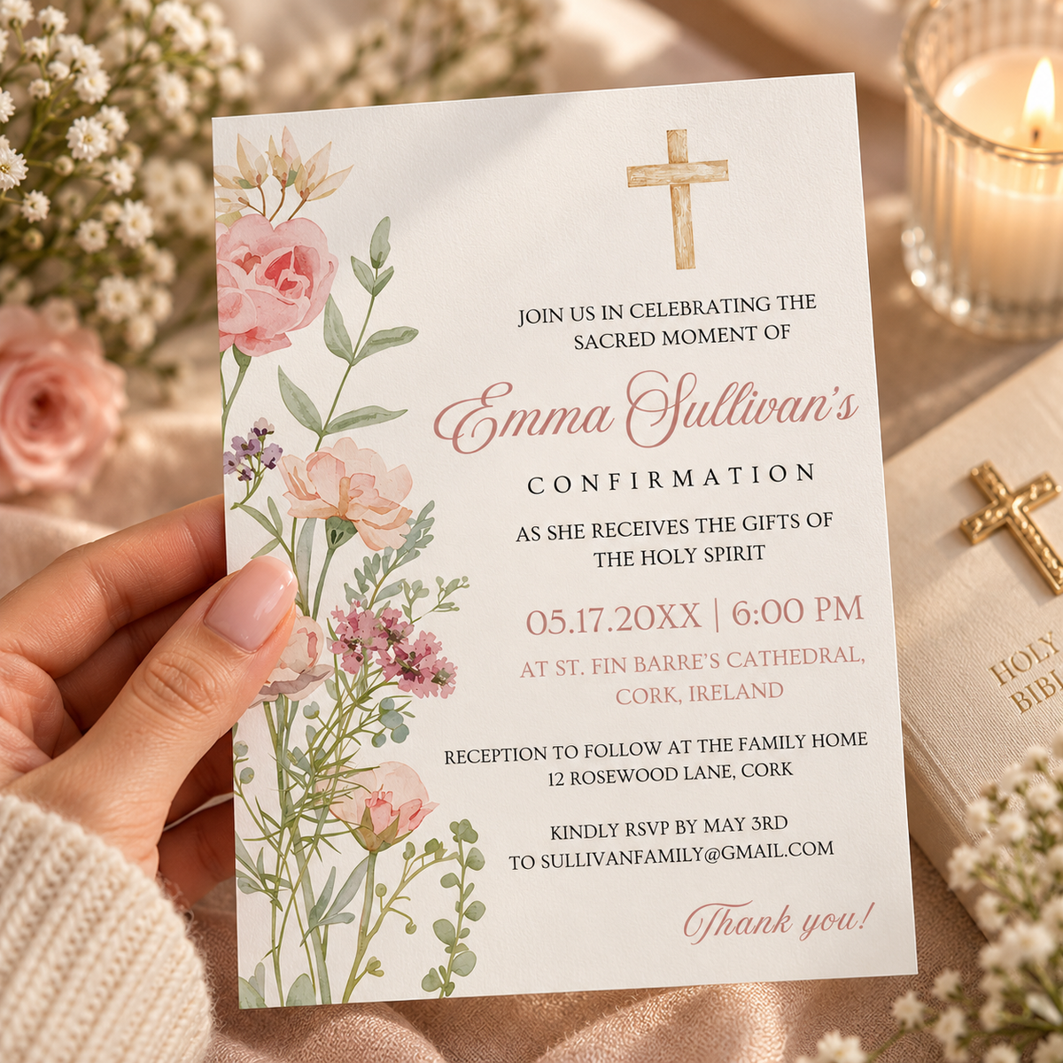 Girl confirmation invitation with roses and eucalyptus, shown printed at 8.5 x 11 inches