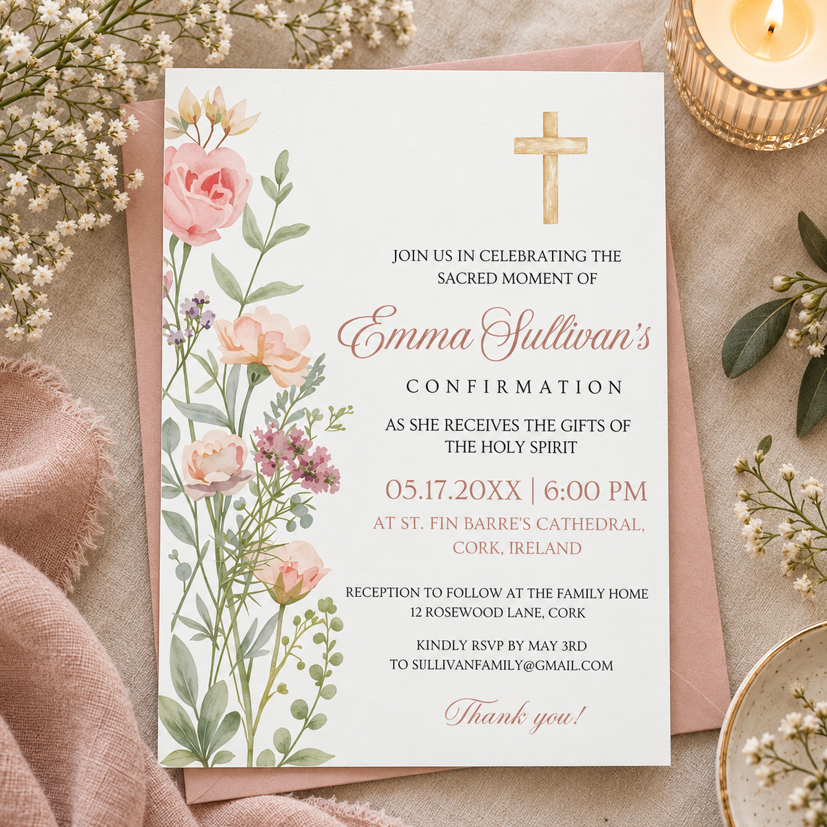 Soft watercolor floral confirmation invitation for a girl, printable Canva template