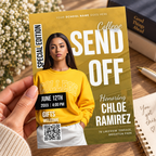 College send off invitation template with gifts welcome panel, shown printed at 8.5 x 11 inches