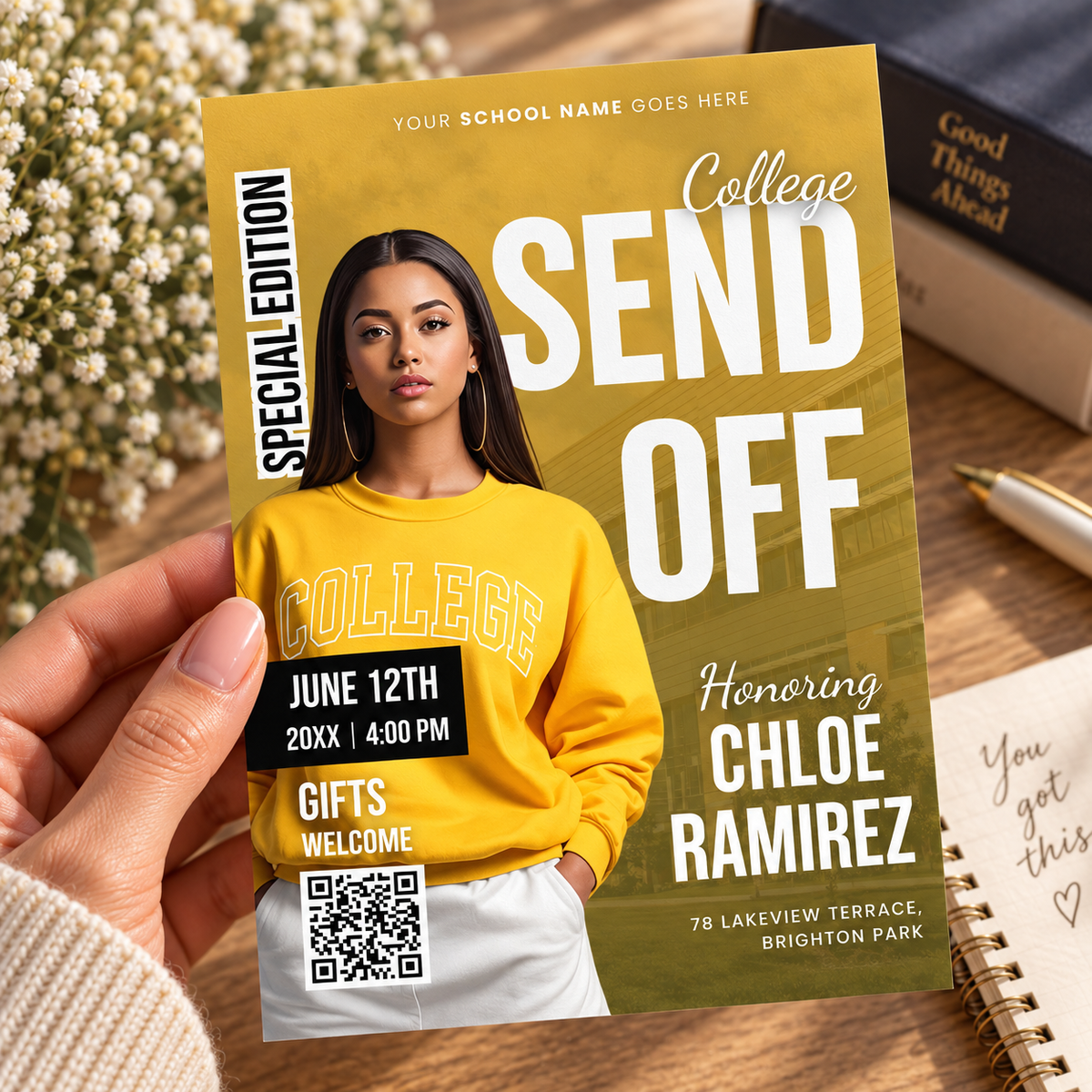 College send off invitation template with gifts welcome panel, shown printed at 8.5 x 11 inches