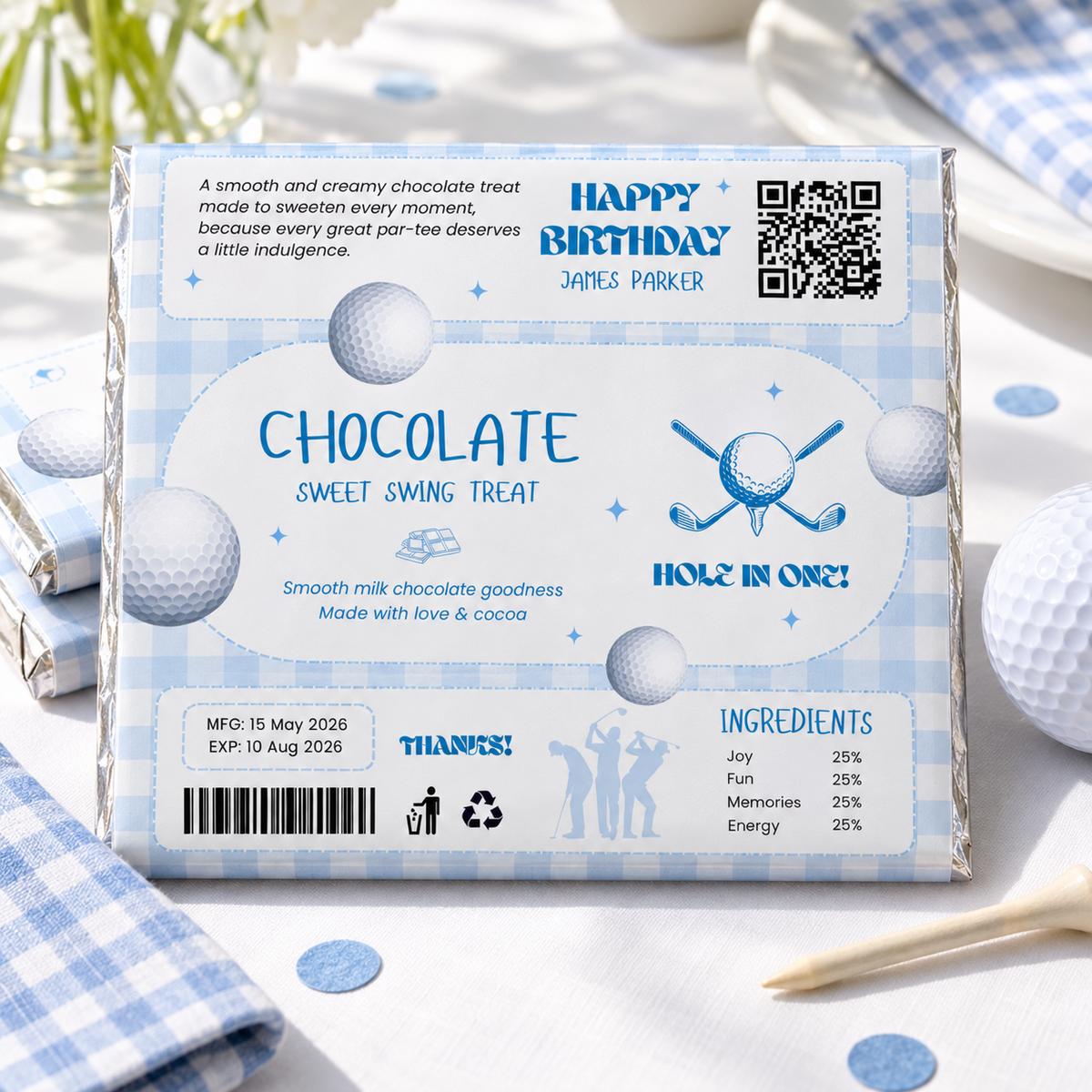 Golf hole in one 1st birthday chocolate bar wrapper on a party table with golf balls