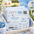 Basket of golf first birthday chocolate bar party favors on an outdoor favor table