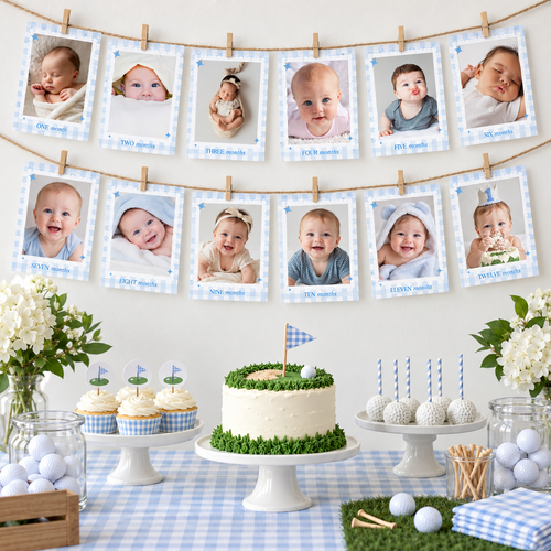 First year photo banner with 12 monthly baby photo cards above a golf 1st birthday dessert table