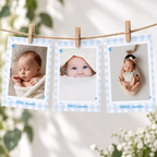 Close-up of one, two and three month photo cards on twine with wooden pegs