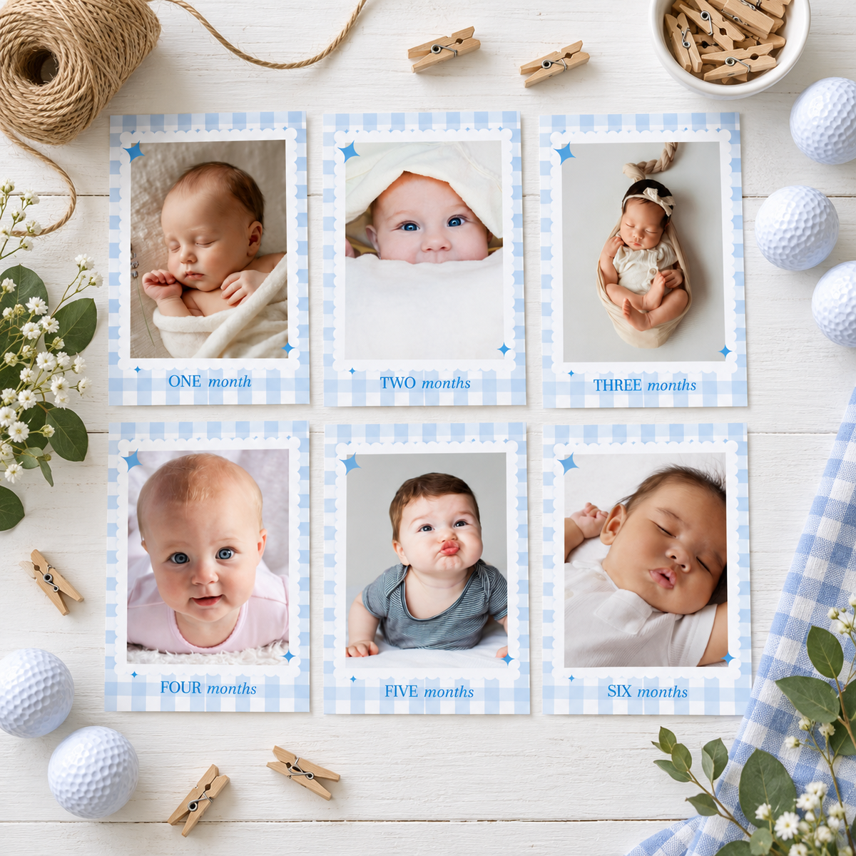 Flat lay of six blue gingham monthly baby photo cards with twine and golf balls