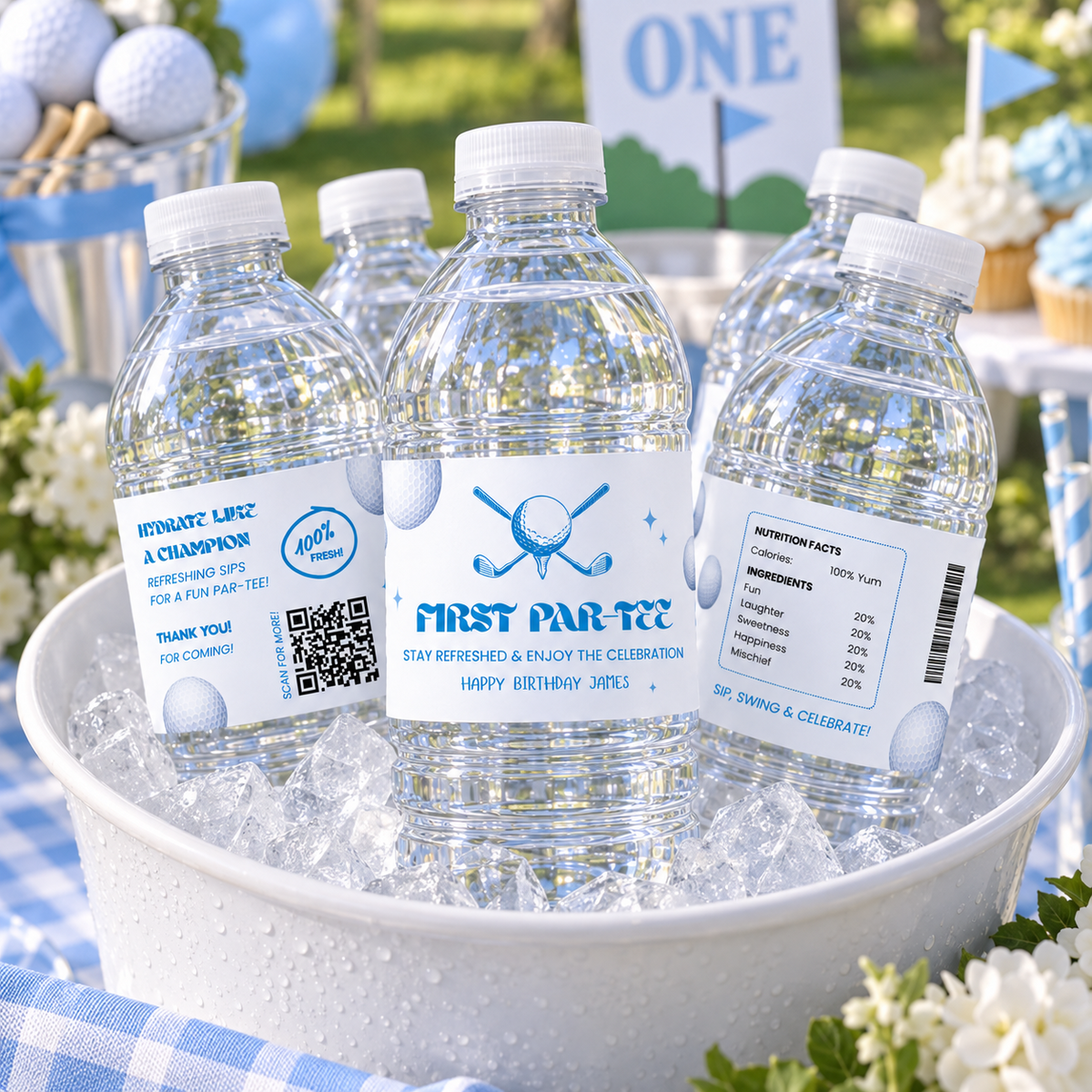 Golf first birthday water bottles with labels in an ice bucket on a drinks table