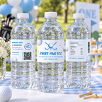 Three water bottles with golf First Par-tee 1st birthday labels on a party table