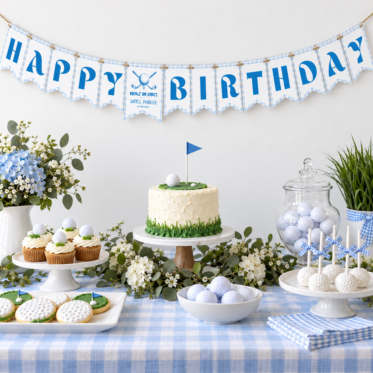 Golf hole in one happy birthday bunting hanging above a golf themed 1st birthday dessert table