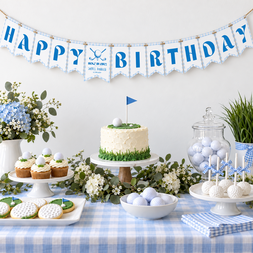 Golf hole in one happy birthday bunting hanging above a golf themed 1st birthday dessert table