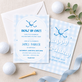 Golf hole in one 1st birthday invitation front and back with envelope and golf balls