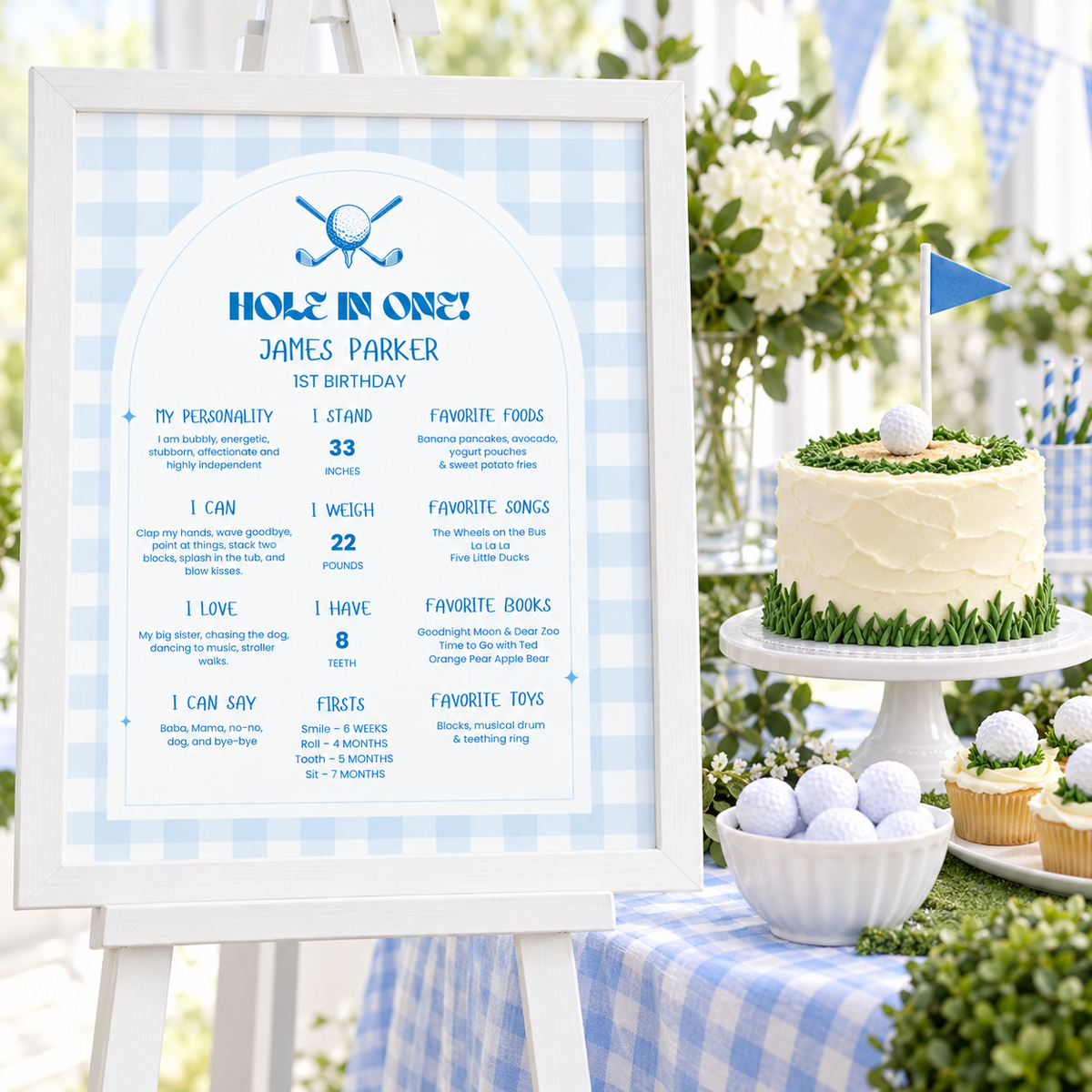 Golf hole in one 1st birthday milestone sign framed on an easel next to a golf cake