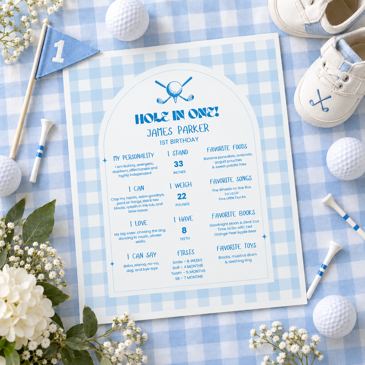 Flat lay of the blue gingham golf milestone sign with golf balls, tees and baby shoes