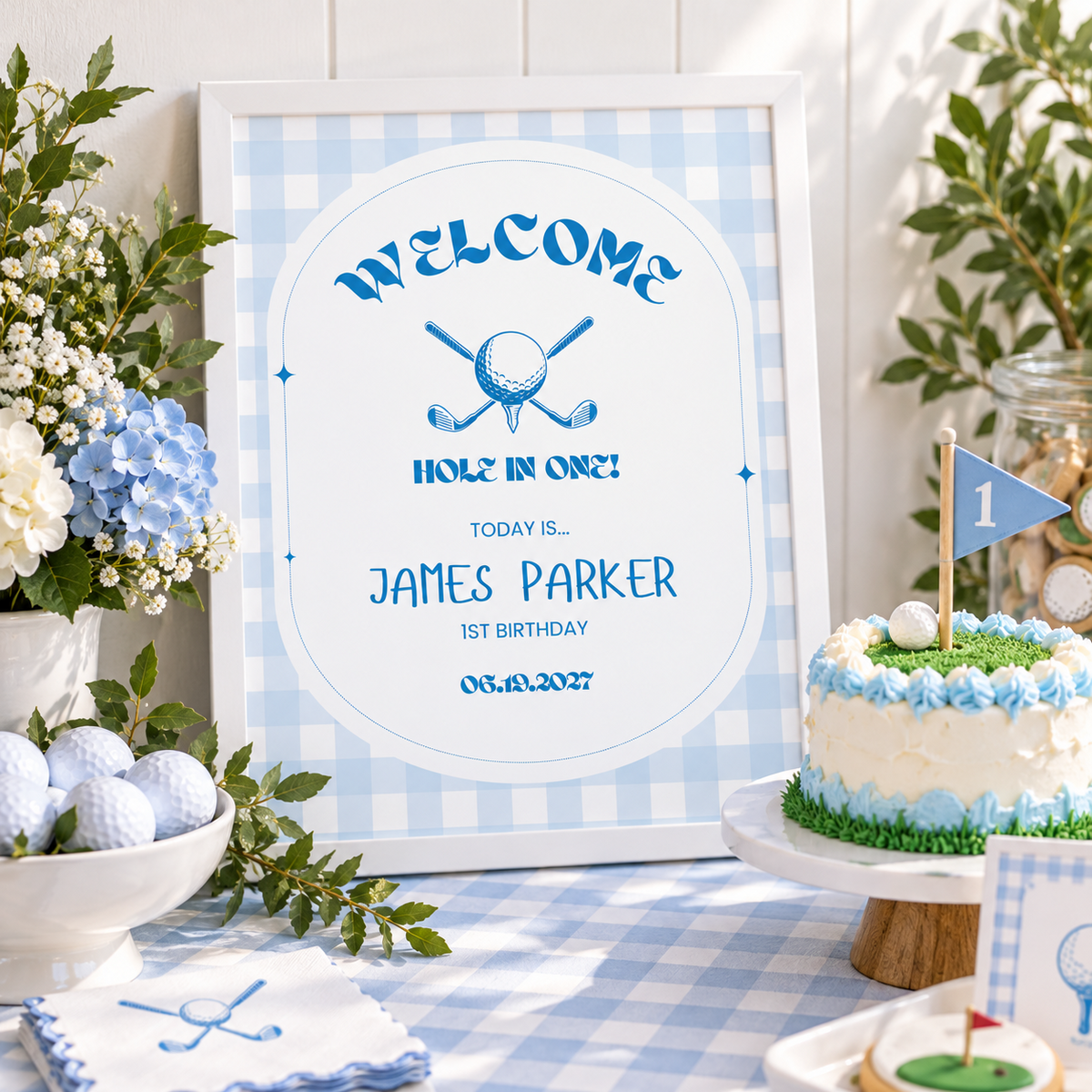 Golf 1st birthday welcome sign on a party table with a smash cake and golf balls