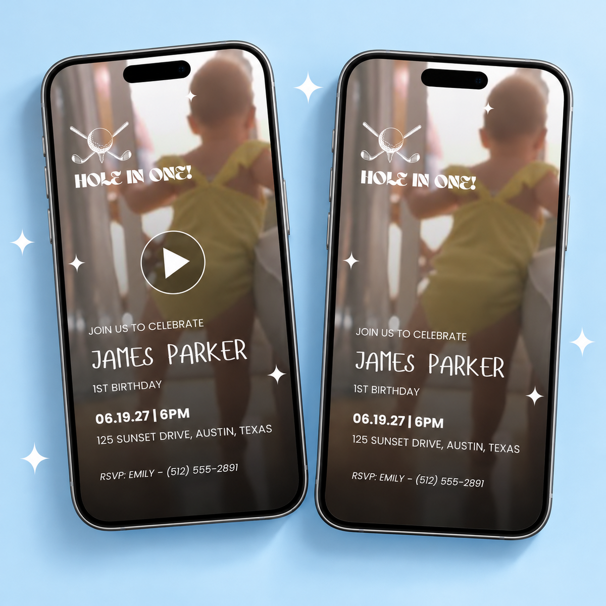 Two phones showing the animated golf hole in one video invitation