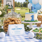 Golf food label tent card on an outdoor first birthday dessert buffet