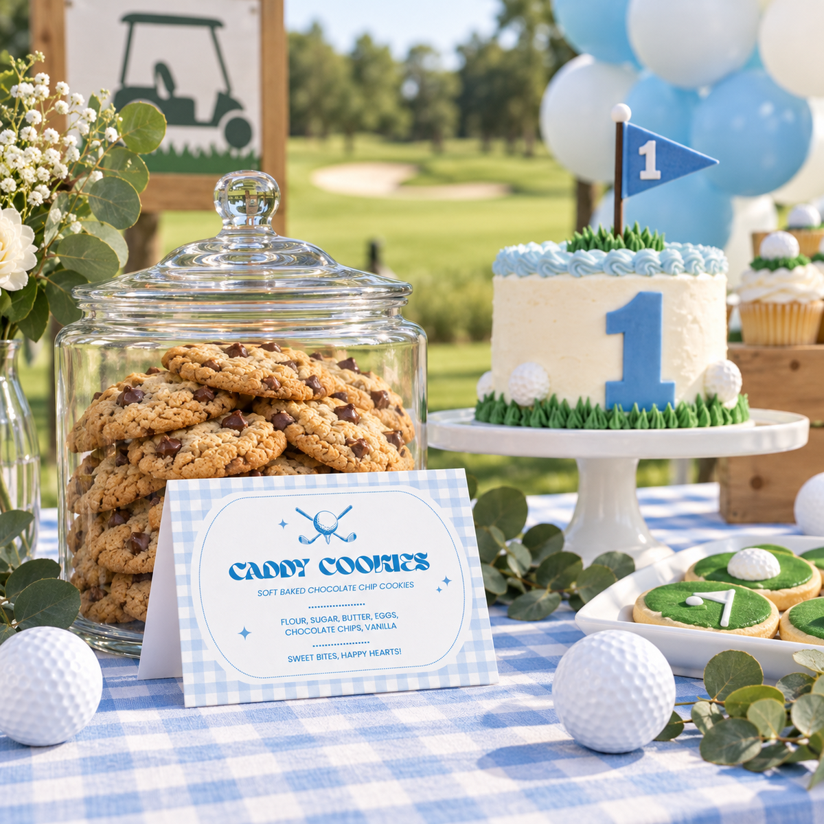Golf food label tent card on an outdoor first birthday dessert buffet