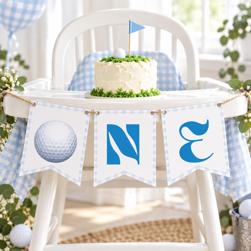 Golf hole in one ONE high chair banner on a white high chair with a smash cake