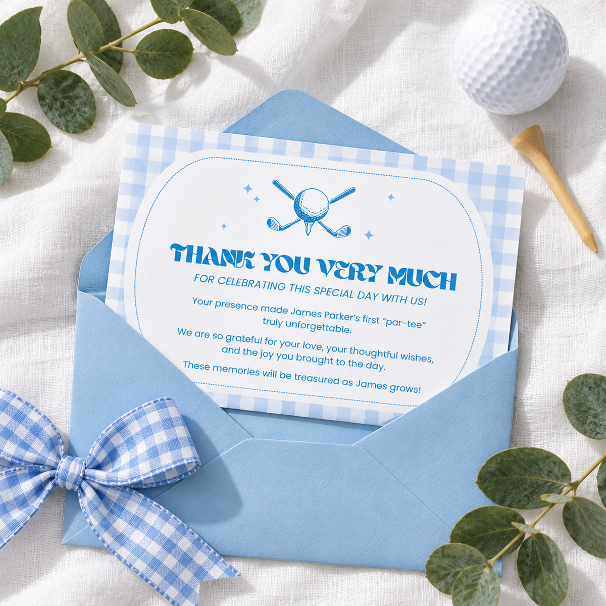 Back of golf thank you card with par-tee message tucked in a blue envelope