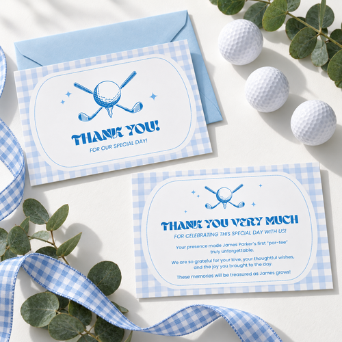Golf hole in one 1st birthday thank you card front and back with blue envelope and golf balls