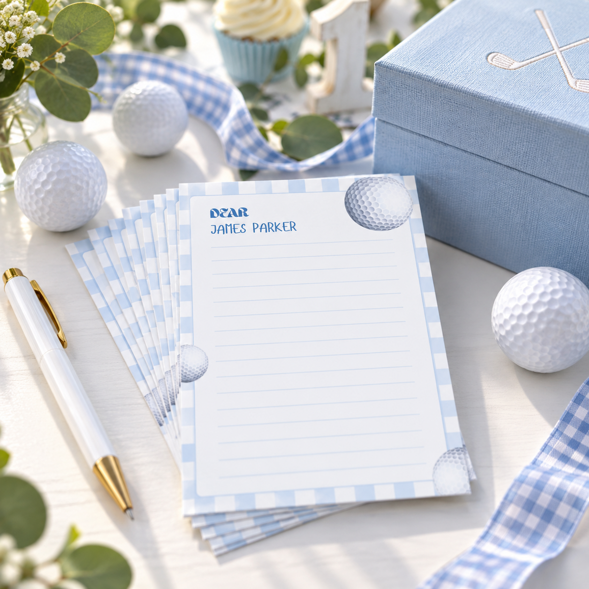 Stack of golf hole in one time capsule note cards next to a blue keepsake box and golf balls