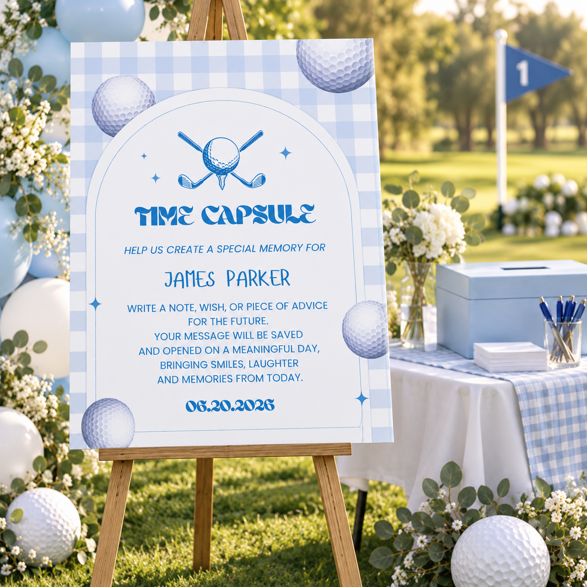 Large 16x20 golf time capsule sign on an easel at an outdoor first birthday party