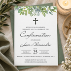 Watercolor eucalyptus greenery confirmation invitation printable template with a dark cross