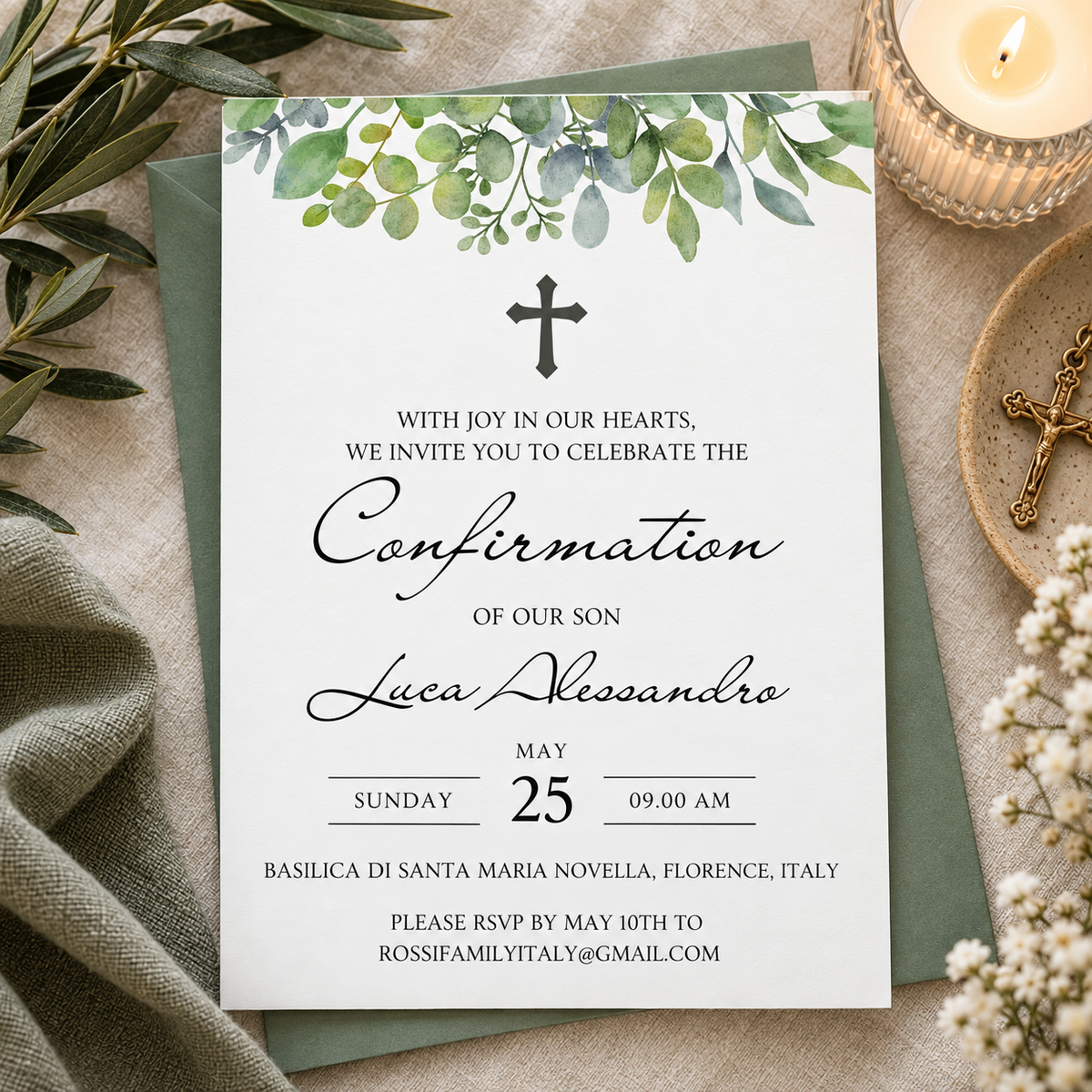 Watercolor eucalyptus greenery confirmation invitation printable template with a dark cross