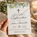 Greenery confirmation invitation template with script name, shown printed at 8.5 x 11 inches