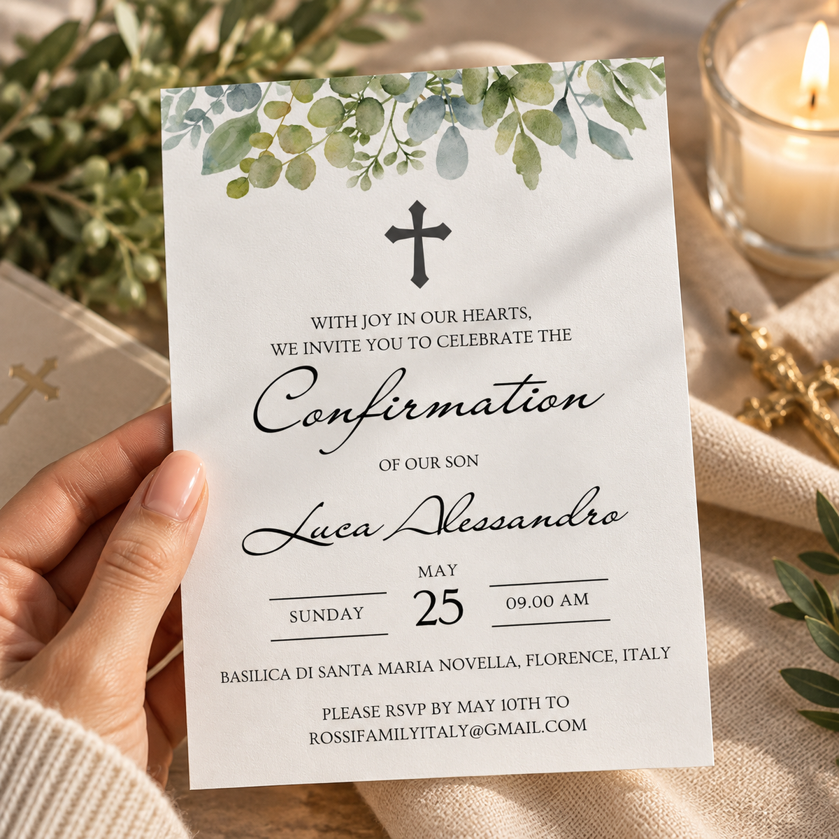 Greenery confirmation invitation template with script name, shown printed at 8.5 x 11 inches