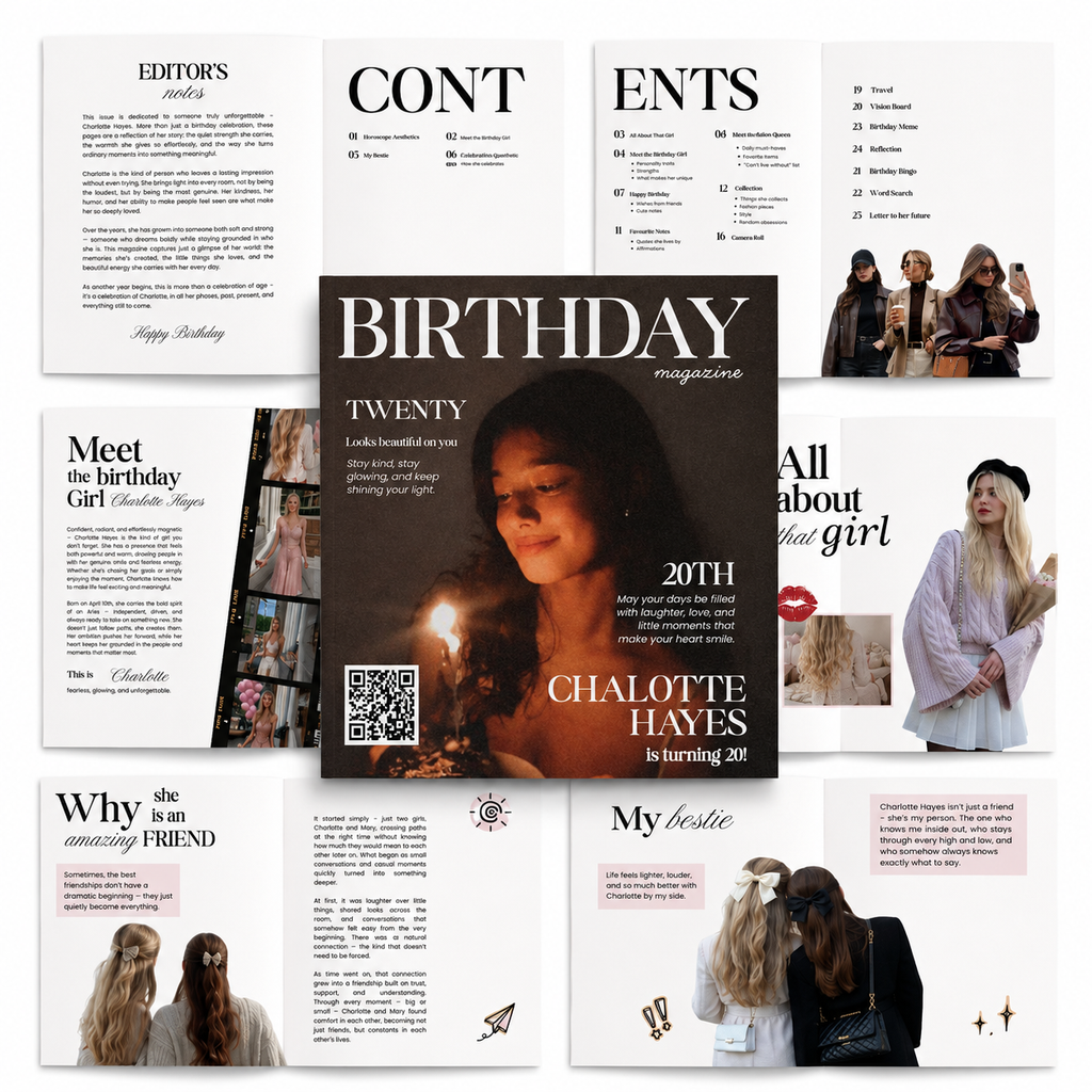 Hot girl birthday magazine template pages with cover, contents and bestie spreads