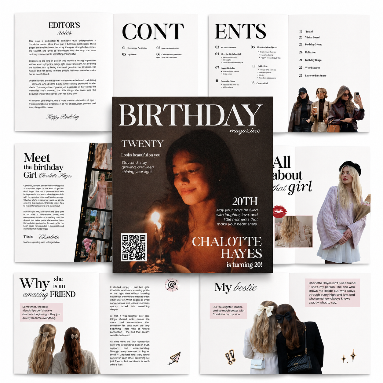 Hot girl birthday magazine template pages with cover, contents and bestie spreads