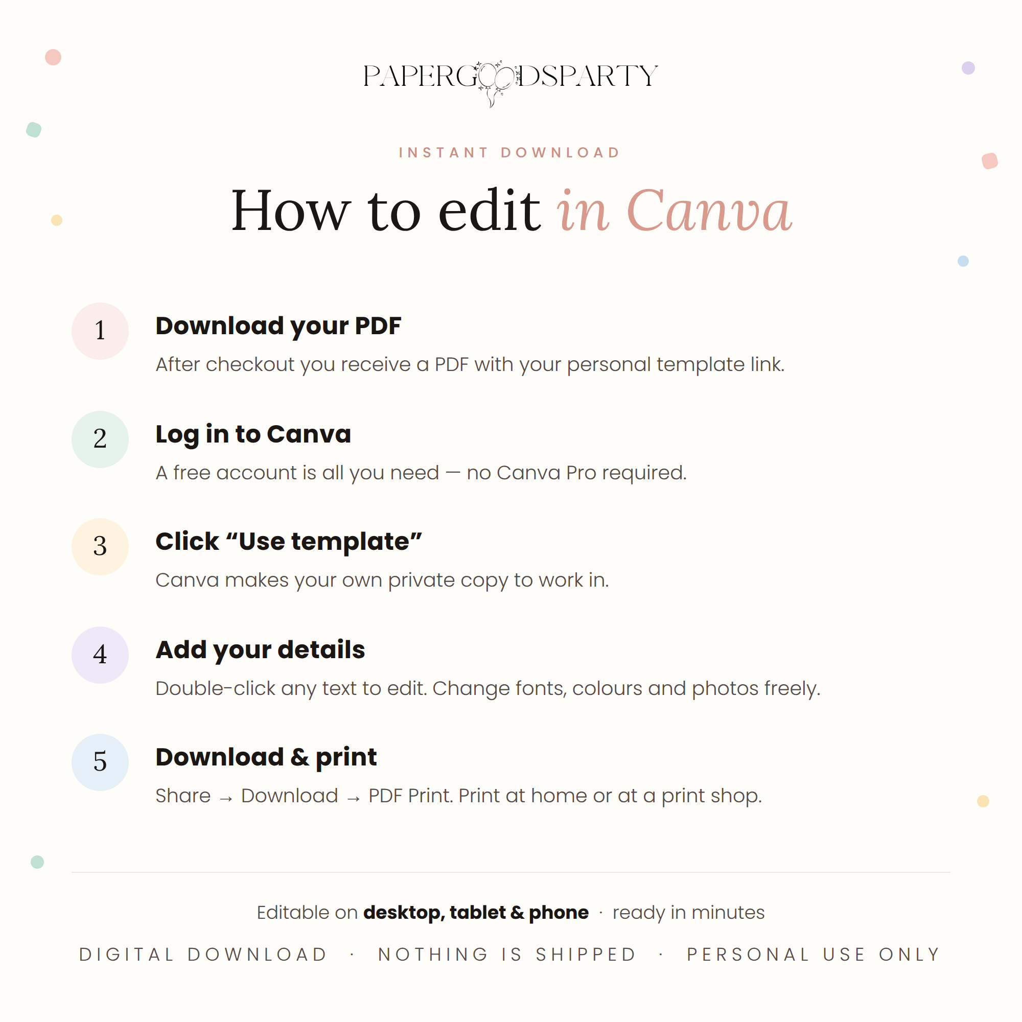 How to edit a Paper Goods Party printable template in Canva in 5 steps