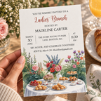 Garden ladies brunch invitation template with ruled date band, shown printed at 8.5 x 11 inches