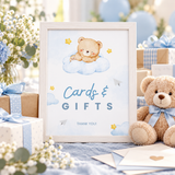 Little Bear baby shower Cards and Gifts sign in a white frame on a gift table with a teddy bear