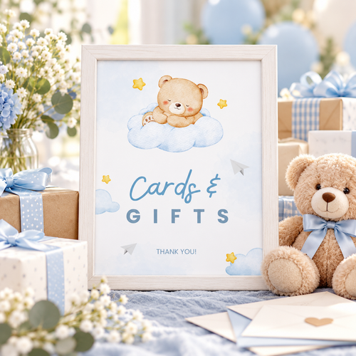 Little Bear baby shower Cards and Gifts sign in a white frame on a gift table with a teddy bear