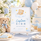 Little Bear baby shower custom sign on an easel at a blue dessert table