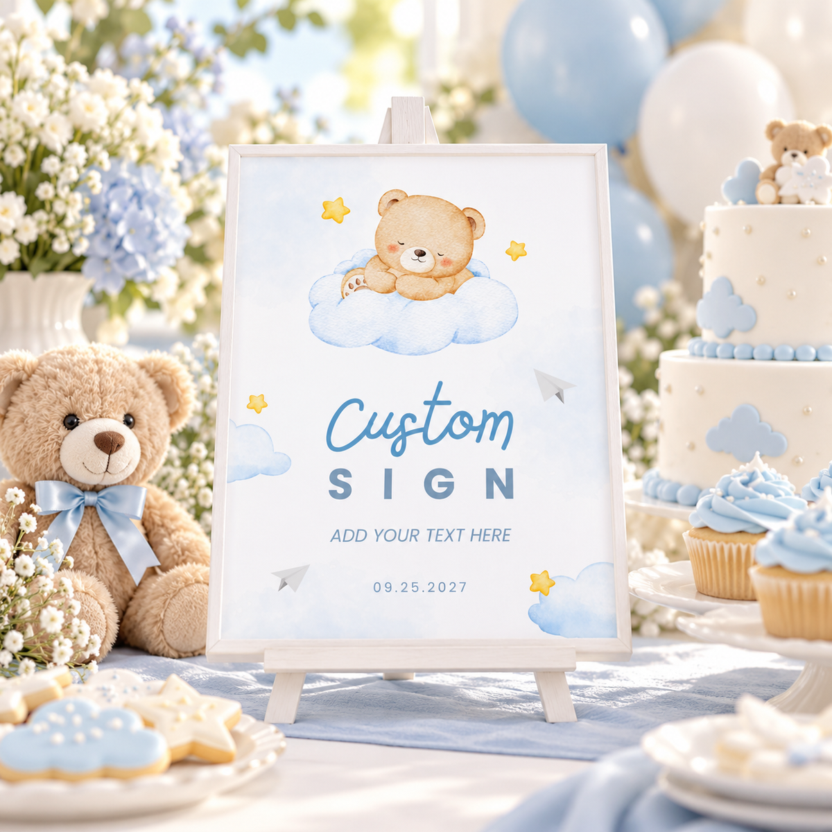 Little Bear baby shower custom sign on an easel at a blue dessert table