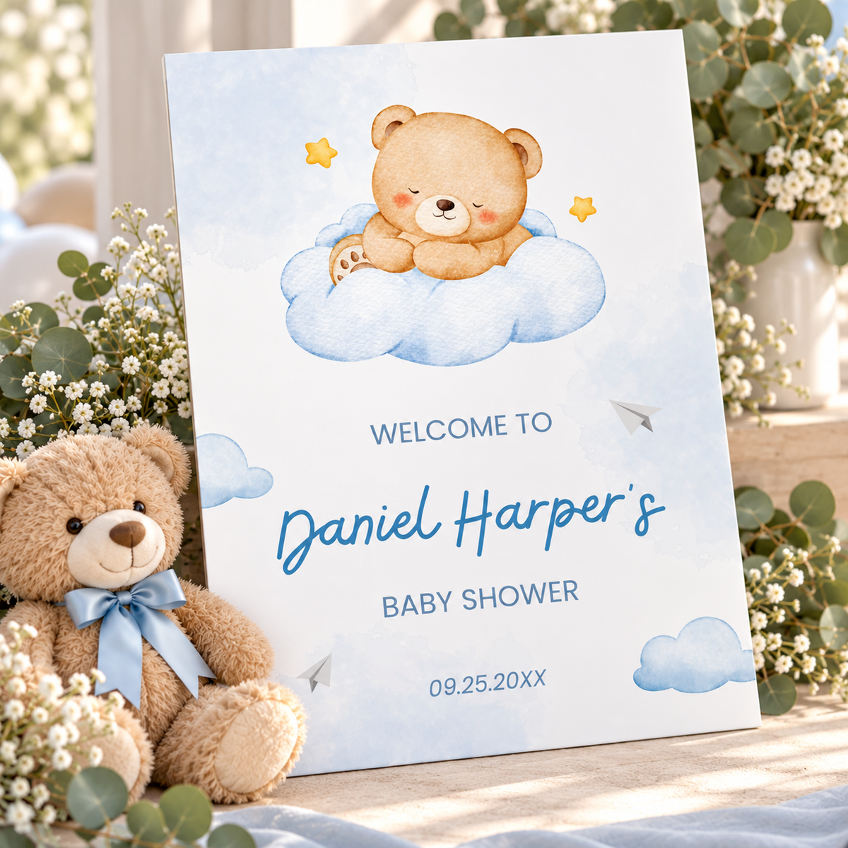 Close-up of the Little Bear watercolor teddy bear welcome sign with greenery