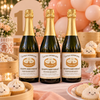 Three champagne bottles with dumpling birthday labels on a dim sum themed 1st birthday dessert table