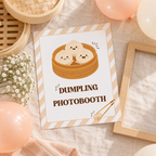 Flat lay of the printed little dumpling 8x10 sign with a wooden frame and balloons