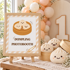 Dumpling photobooth sign on an easel at a little dumpling 1st birthday photo booth