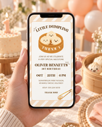 Matching little dumpling 1st birthday e-vite on a phone screen, editable in Canva