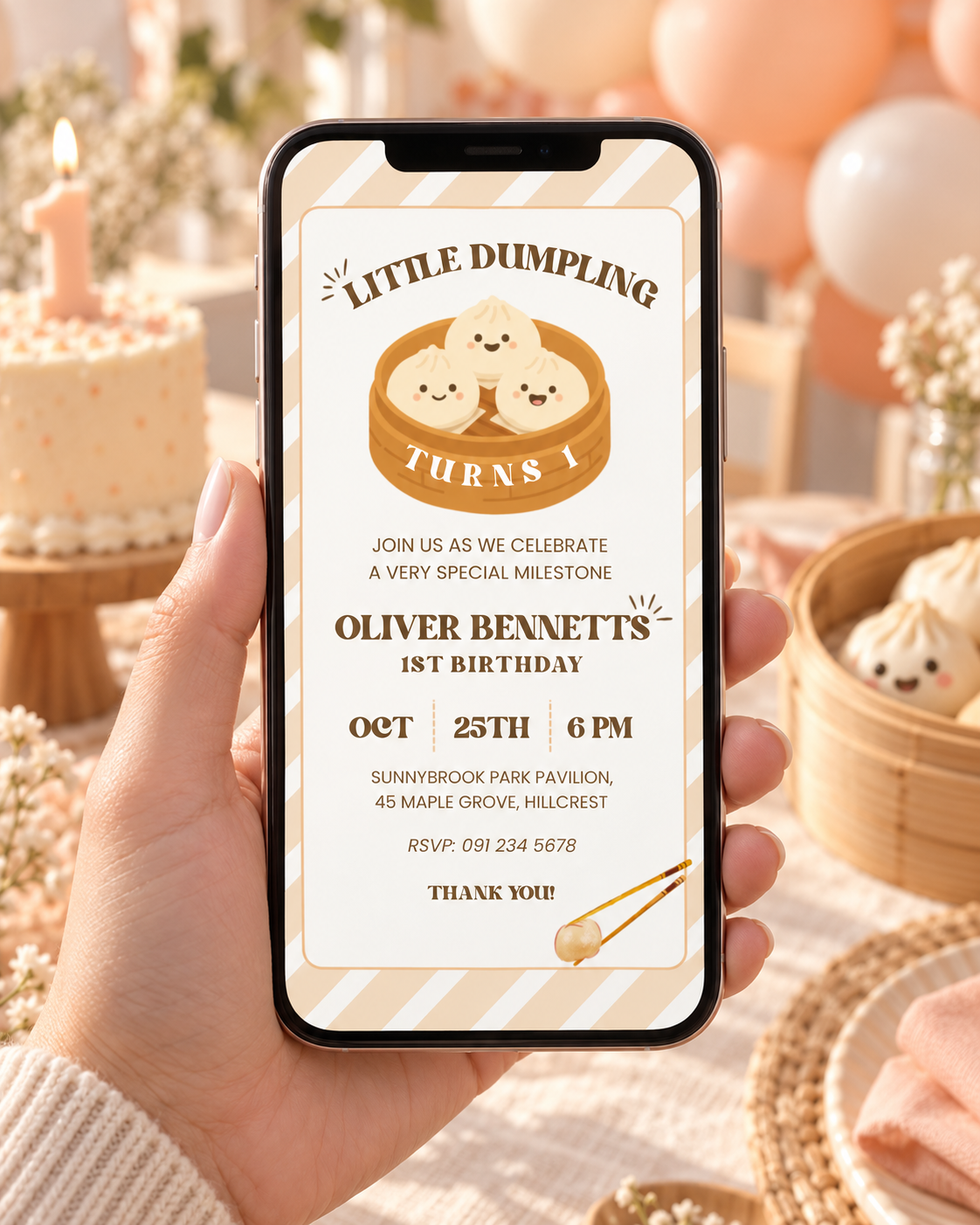 Matching little dumpling 1st birthday e-vite on a phone screen, editable in Canva