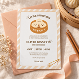 Little dumpling 1st birthday invitation printable template in peach and cream, flat lay with chopsticks and a peach ribbon