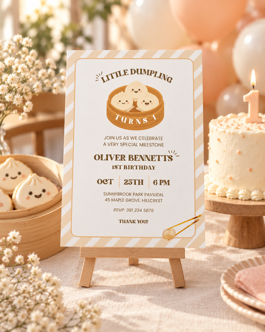 First birthday table with the printed little dumpling invitation on an easel, dumpling cookies in a bamboo steamer and a cake