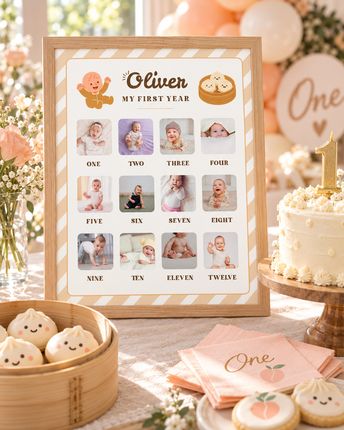 Framed first year milestone board on a 1st birthday dessert table with dumpling cookies and a cake