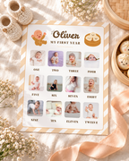 Flat lay of the printable little dumpling milestone board with baby's breath and a peach ribbon