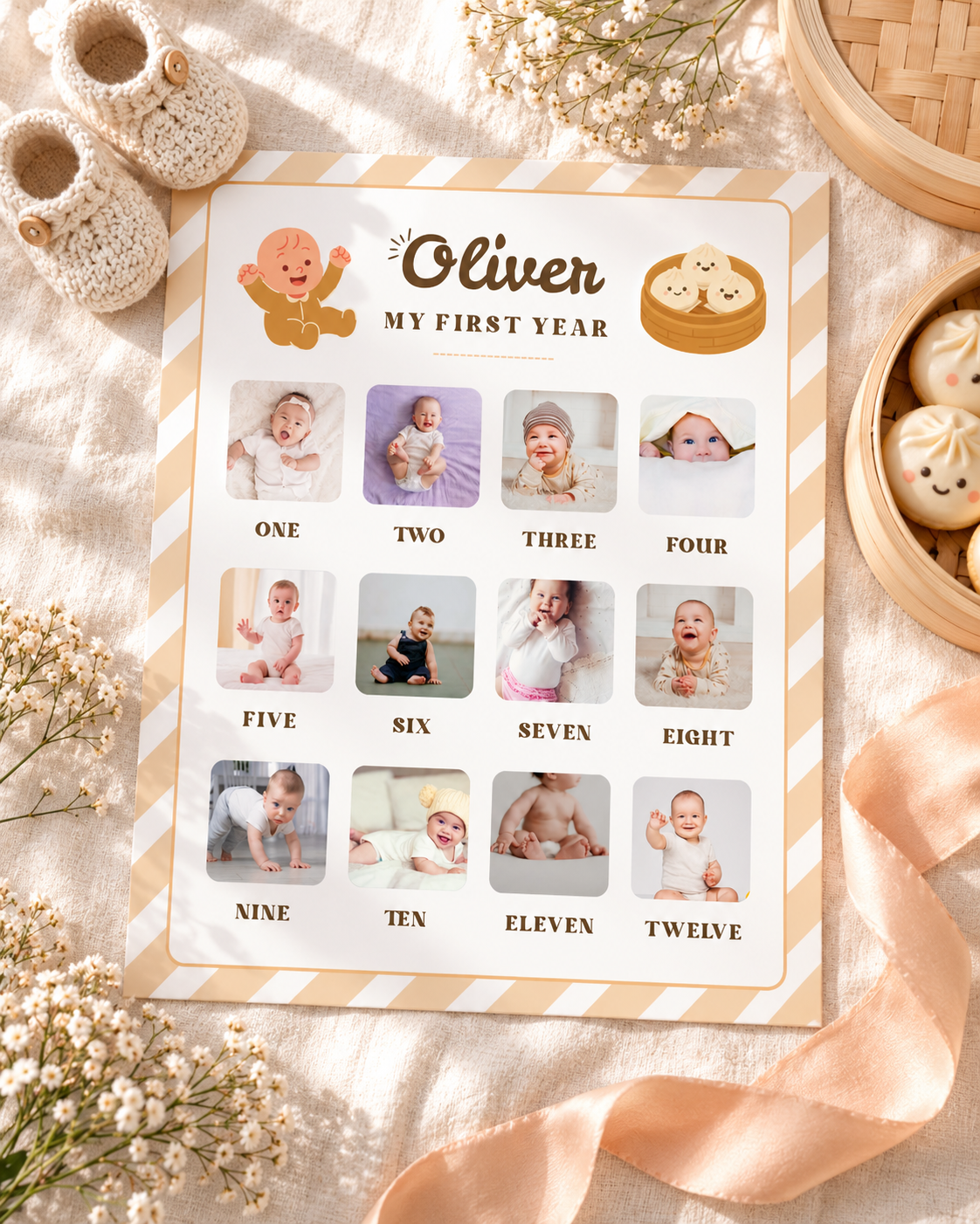 Flat lay of the printable little dumpling milestone board with baby's breath and a peach ribbon