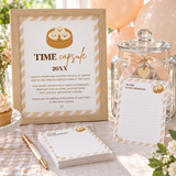 Little dumpling time capsule sign in a wooden frame with matching note cards, a pen and a glass jar on a 1st birthday guest table