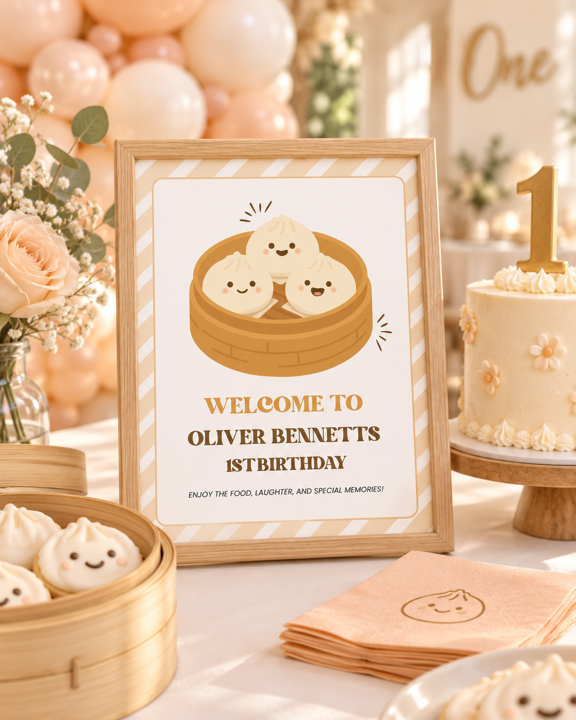 Framed little dumpling welcome sign on a first birthday dessert table with a cake and dumpling cookies